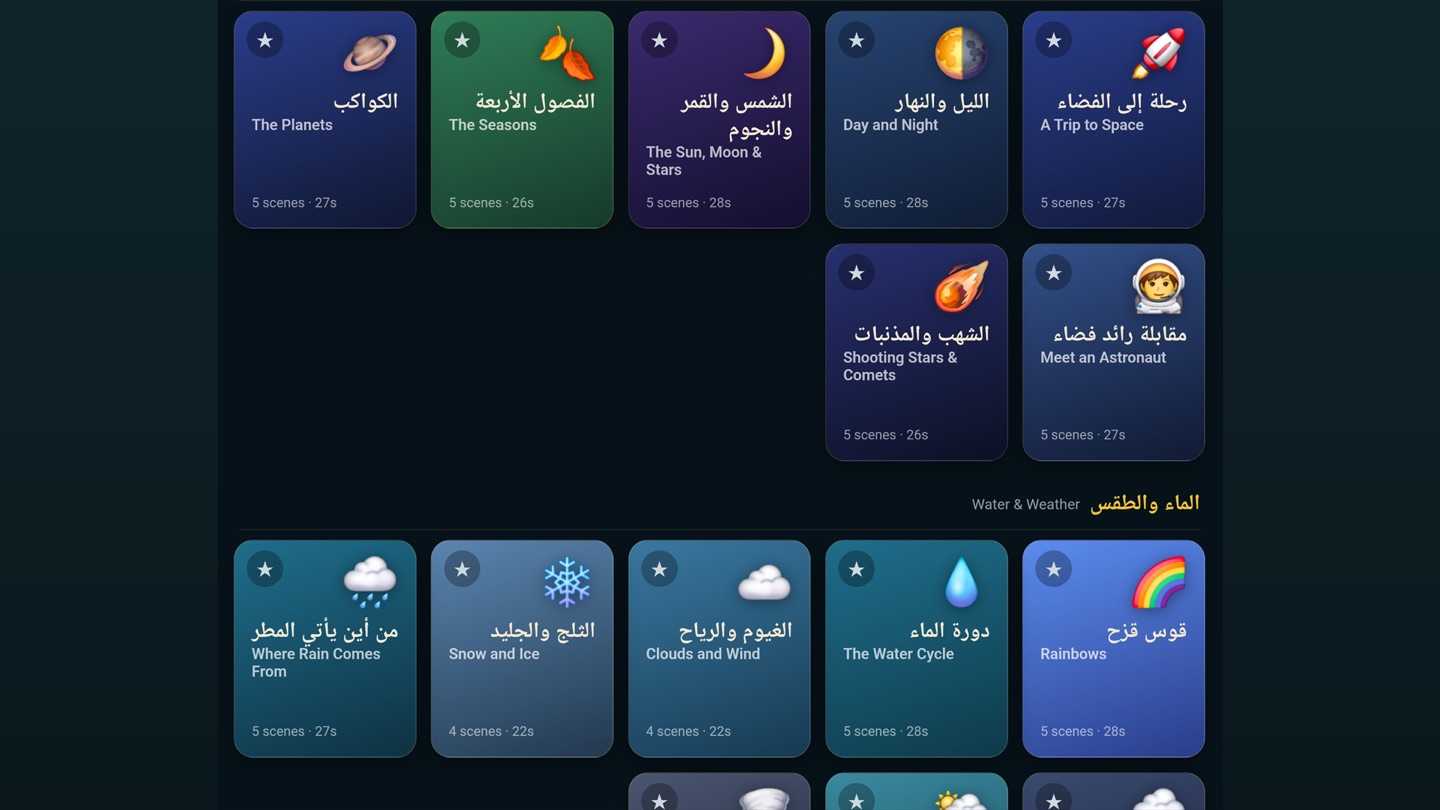 رفوف الدروس في التطبيق: صف «الفضاء» ويضم الكواكب، والفصول، والشمس والقمر والنجوم، والليل والنهار، ورحلة إلى الفضاء، والشهب والمذنّبات، وتعرّف على رائد فضاء؛ ثم صف «الماء والطقس» ويضم من أين يأتي المطر، والثلج والجليد، والغيوم والرياح، ودورة الماء، وقوس قزح — كل بطاقة بعنوانها بالعربية والإنجليزية مع عدد مشاهدها ومدتها.