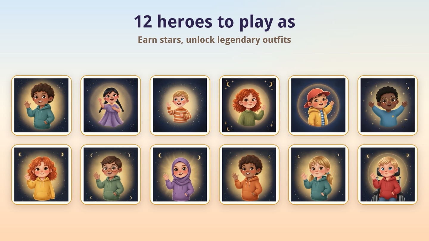 Twelve hero portraits in two rows — children of different looks and outfits, each in a framed card.