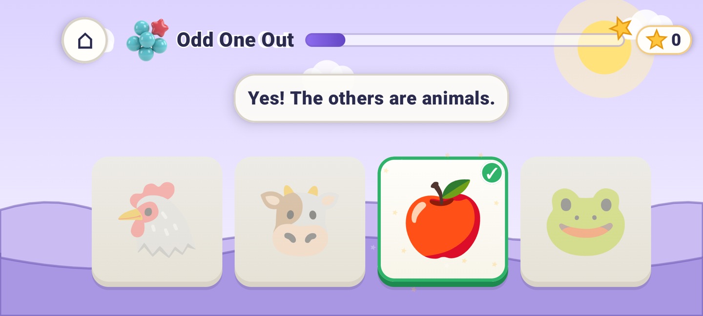 Odd One Out: a hen, a cow, an apple and a frog, with the apple ticked and the message “Yes! The others are animals.”