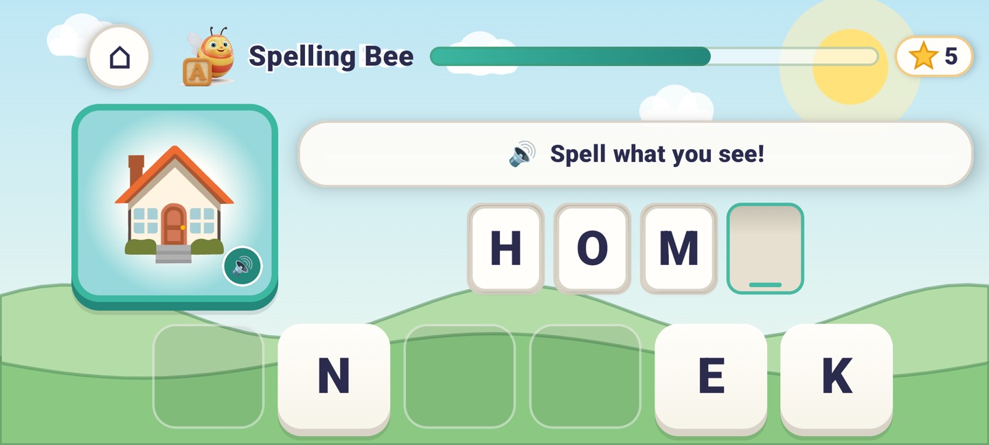 Spelling Bee: a picture of a house with a speaker button, the prompt “Spell what you see!”, the letters H, O, M and one empty slot, and letter tiles N, E and K to choose from.