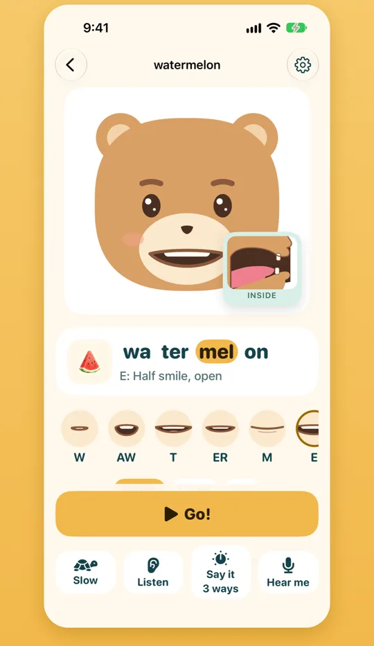The word watermelon: the bear mid-word, the part mel lit up, and a row of mouth shapes for W, AW, T, ER, M and E.
