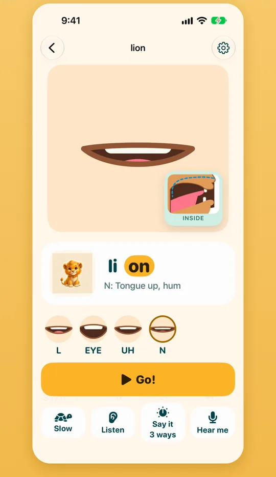 The word lion with a close view of the mouth and the INSIDE side view showing the tongue.