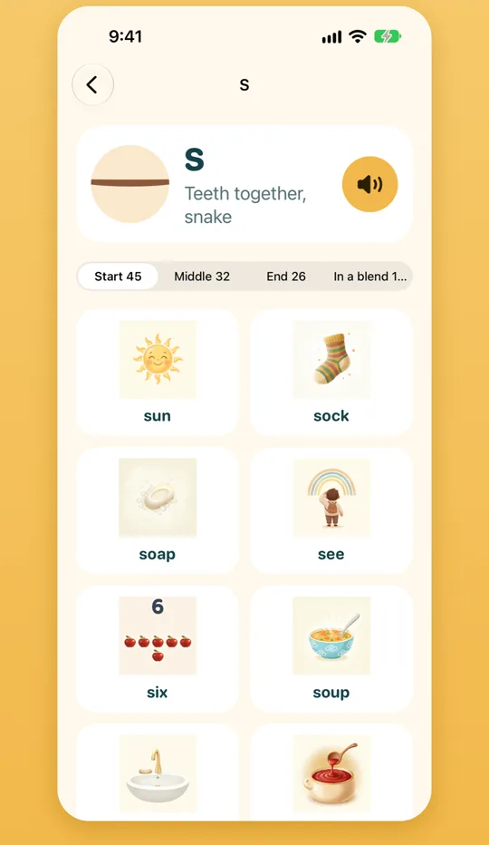 The S sound: teeth together, snake, with words that start with S such as sun, sock, soap and six.