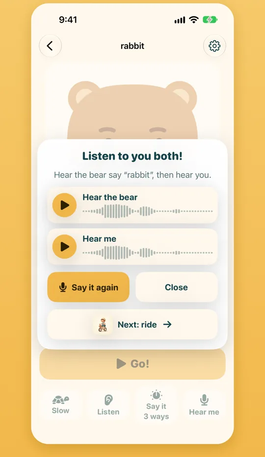Listen to you both: Hear the bear and Hear me buttons for the word rabbit, with Say it again.