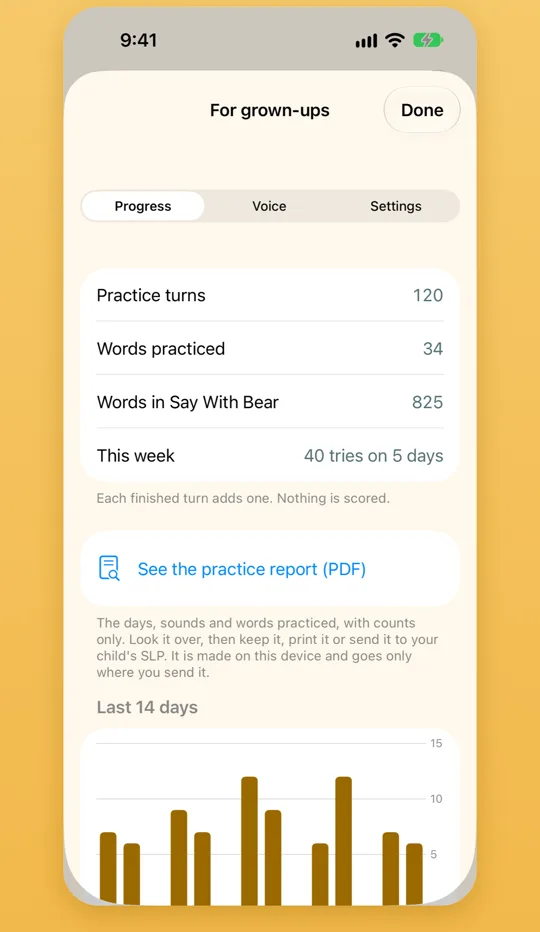 For grown-ups: practice turns, words practised and tries this week, with a bar chart of the last 14 days. Nothing is scored.